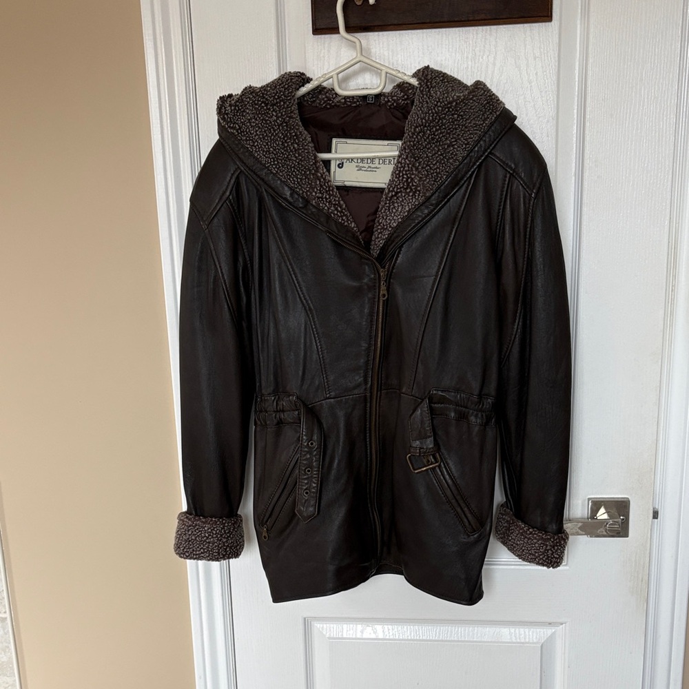 Women's Brown Leather Jacket with Hood